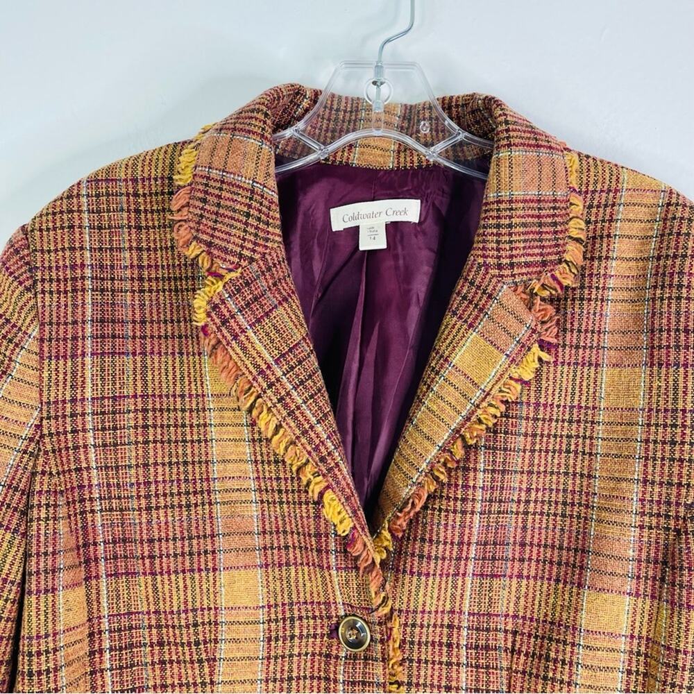 Vintage tan burgundy plaid wool preppy fringe office academia button blazer 14 - Picture 2 of 6